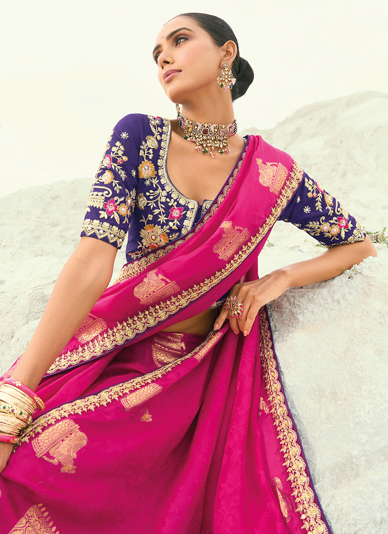 Viscose Satin Rani Pink Wedding Wear Heavy Work Wedding Saree 386450