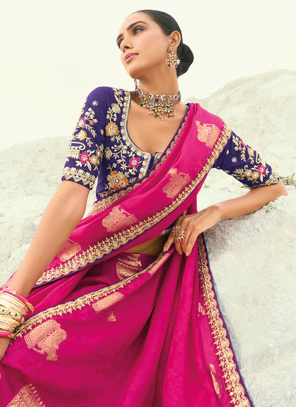 Viscose Satin Rani Pink Wedding Wear Heavy Work Wedding Saree 386450