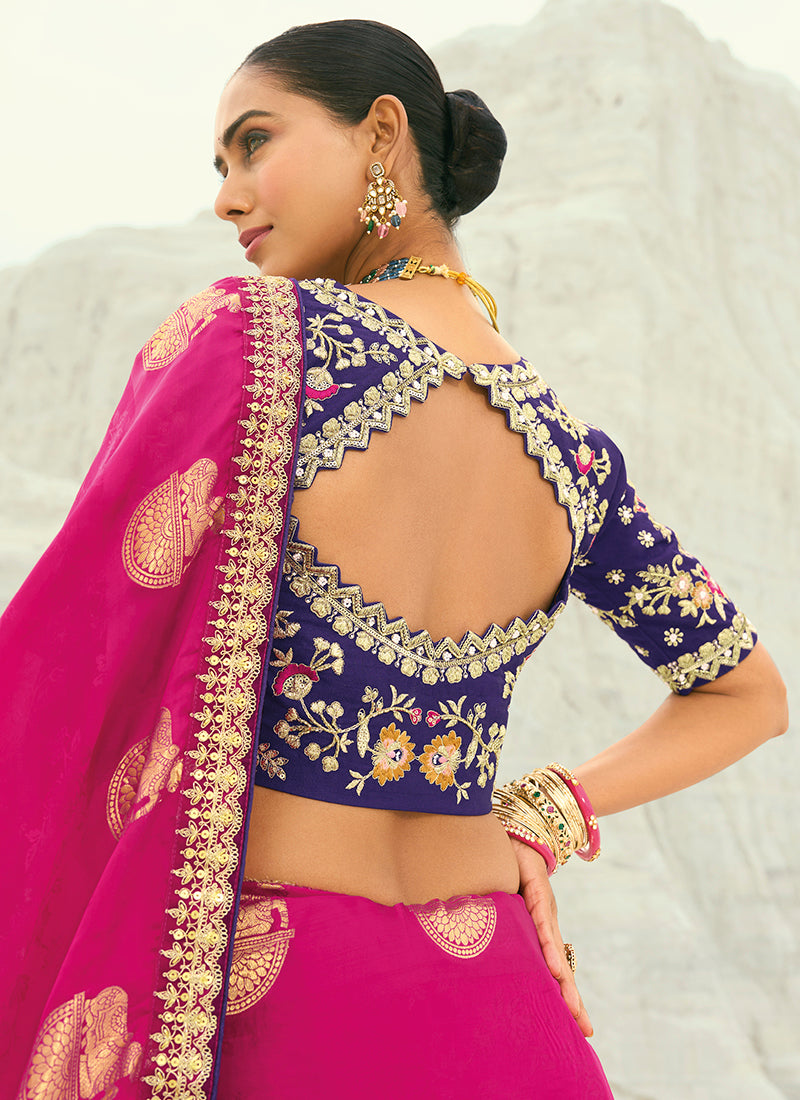 Viscose Satin Rani Pink Wedding Wear Heavy Work Wedding Saree 386450