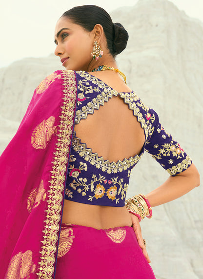 Viscose Satin Rani Pink Wedding Wear Heavy Work Wedding Saree 386450