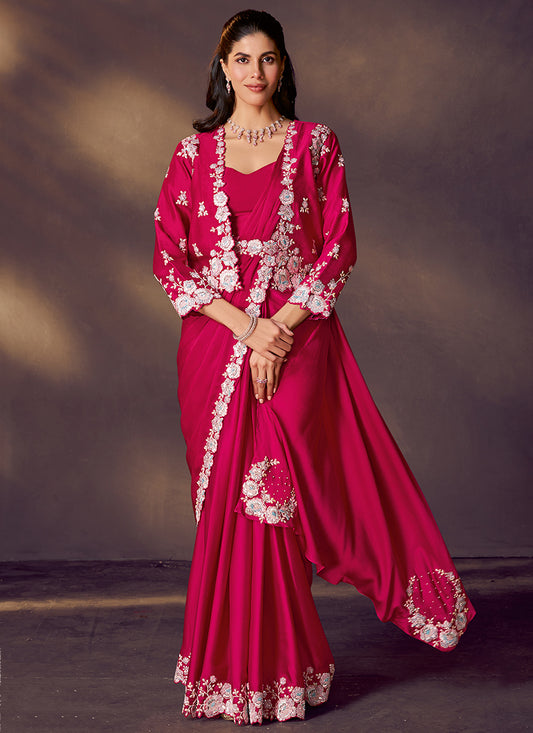 Satin Silk Rani Wedding Wear Sequins Embroidery Ready To Wear Saree 386141