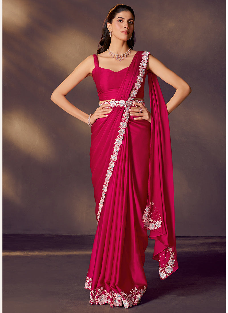 Satin Silk Rani Wedding Wear Sequins Embroidery Ready To Wear Saree 386141