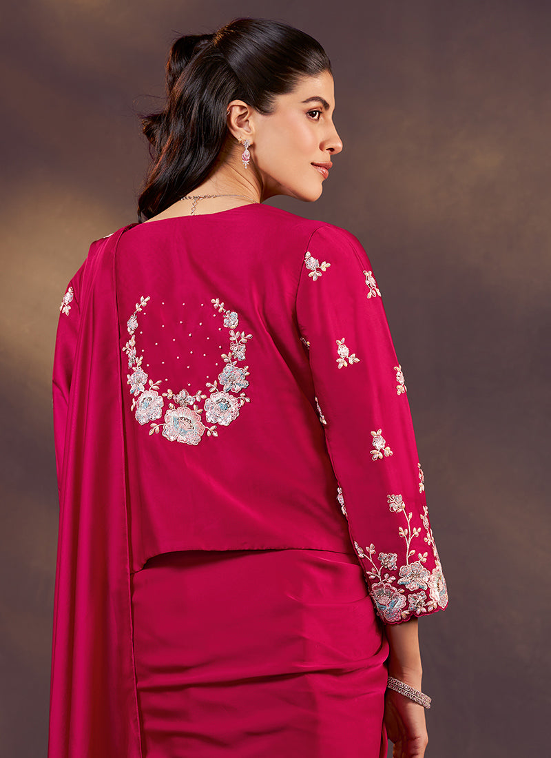 Satin Silk Rani Wedding Wear Sequins Embroidery Ready To Wear Saree 386141