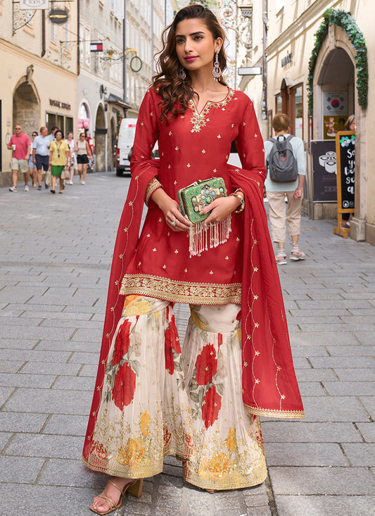 Red  Chinon Sequins Work  Occasional Wear Sharara Suit SW464593