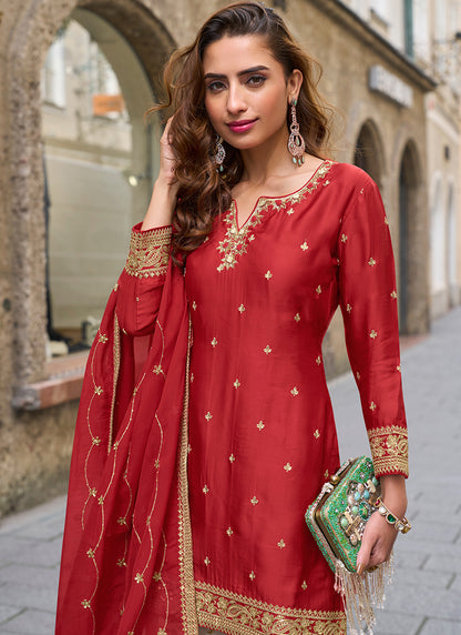 Red  Chinon Sequins Work  Occasional Wear Sharara Suit SW464593