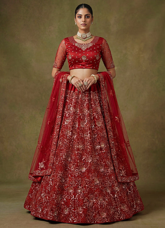 Red  Net Embroidery Work Occasional Wear Lehenga Choli SW413778