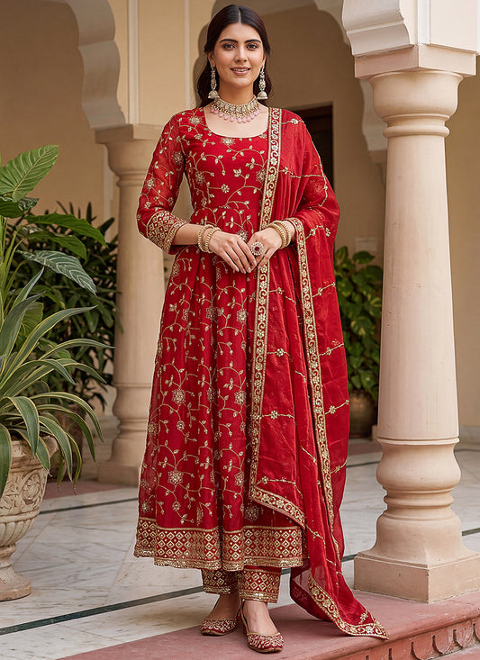 Red  Silk Embroidery Work Occasional Wear Readymade Anarkali Suit SW212699
