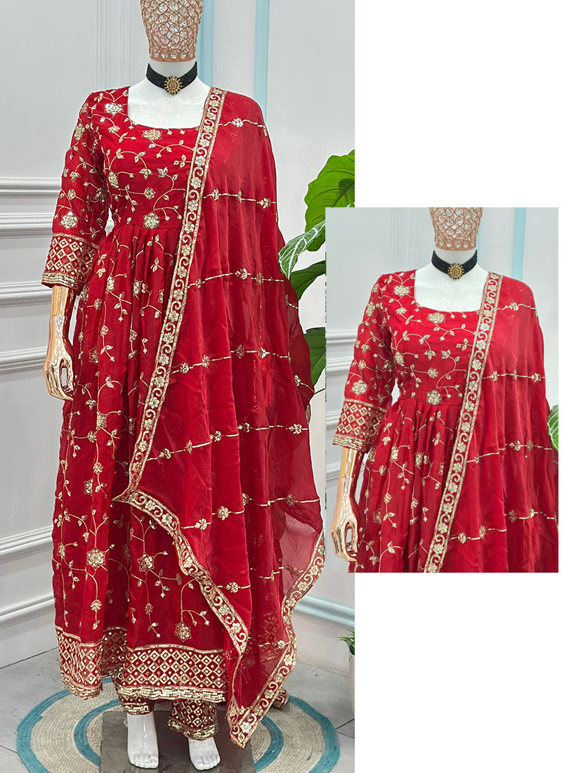 Red  Silk Embroidery Work Occasional Wear Readymade Anarkali Suit SW212699