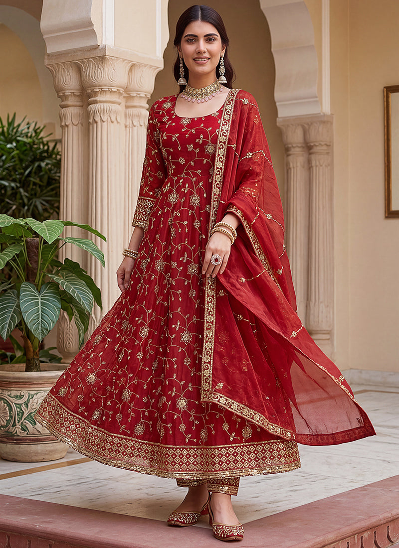 Red  Silk Embroidery Work Occasional Wear Readymade Anarkali Suit SW212699