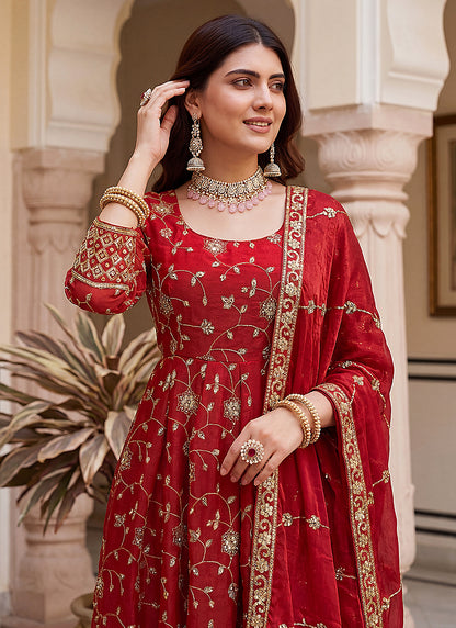 Red  Silk Embroidery Work Occasional Wear Readymade Anarkali Suit SW212699
