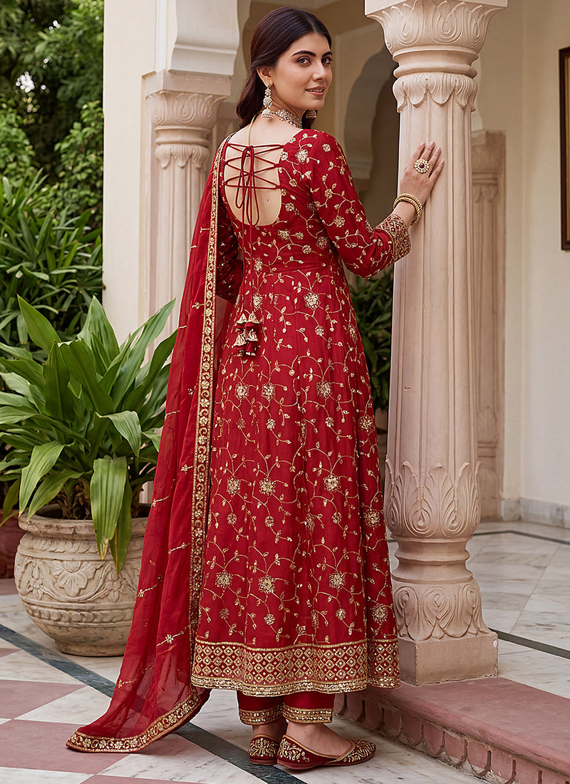 Red  Silk Embroidery Work Occasional Wear Readymade Anarkali Suit SW212699