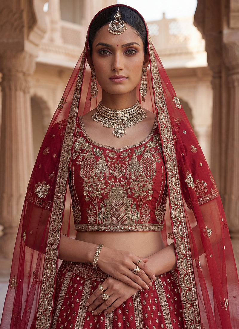 Red  Silk Embroidery Work Wedding Wear Lehenga Choli SW230973