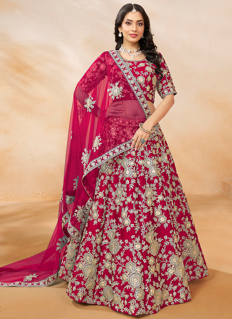 386706 Art Silk Red Wedding Wear Zari Embroidery Work Lehenga Choli