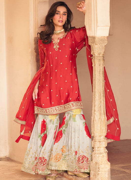Chinnon Silk Red Festival Wear Embroidery Work Readymade Sharara Suit 384910