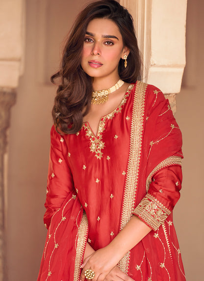 Chinnon Silk Red Festival Wear Embroidery Work Readymade Sharara Suit 384910
