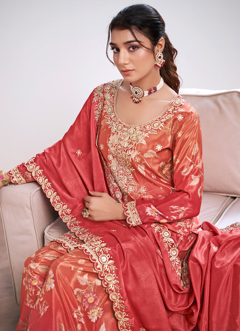Red Chinon Embroidery Work Festival Wear Readymade Plazzo Suit SW372375