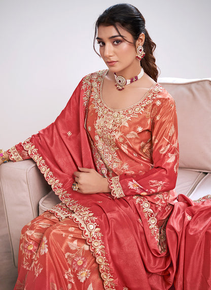 Red Chinon Embroidery Work Festival Wear Readymade Plazzo Suit SW372375