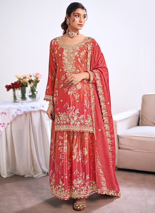 Red Chinon Embroidery Work Festival Wear Readymade Plazzo Suit SW372375