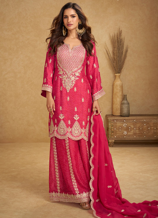 Red Chinon Embroidery Work Wedding Wear Readymade Plazzo Suit SW558020