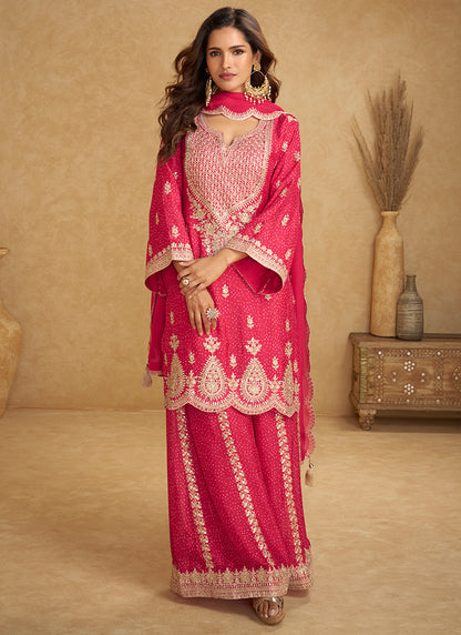Red Chinon Embroidery Work Wedding Wear Readymade Plazzo Suit SW558020