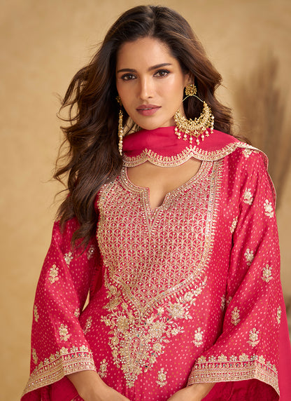 Red Chinon Embroidery Work Wedding Wear Readymade Plazzo Suit SW558020