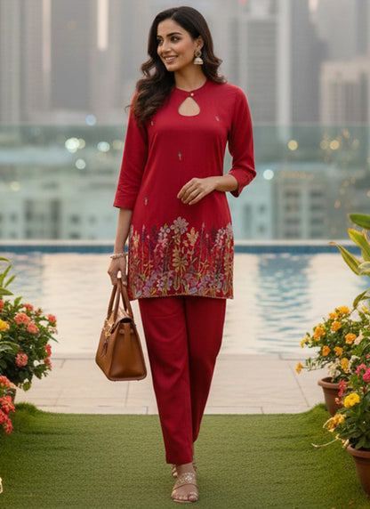 Cotton Silk Red Casual Wear Embroidery Work Readymade Cord Set 388670