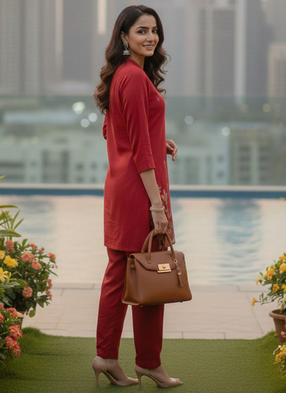 Cotton Silk Red Casual Wear Embroidery Work Readymade Cord Set 388670