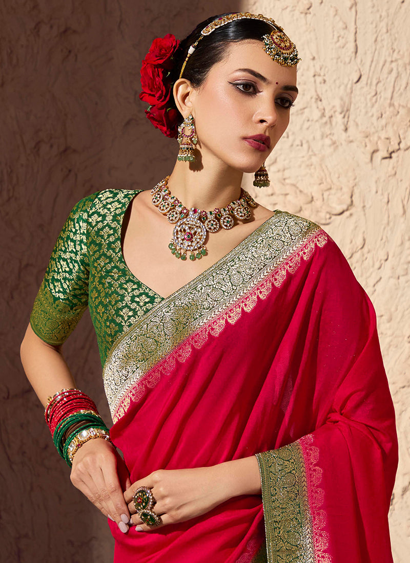 Crepe Georgette Red Party Wear Weaving Work Saree 386535