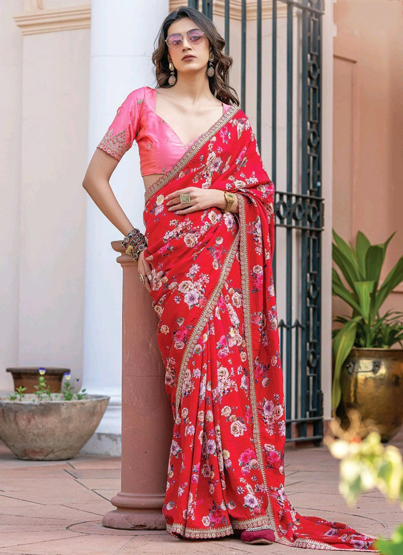 Dola Silk Red Saree with Floral Print for Party Wear 381971