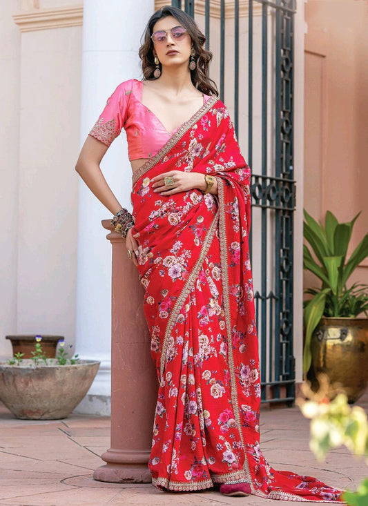 Dola Silk Red Saree with Floral Print for Party Wear 381971