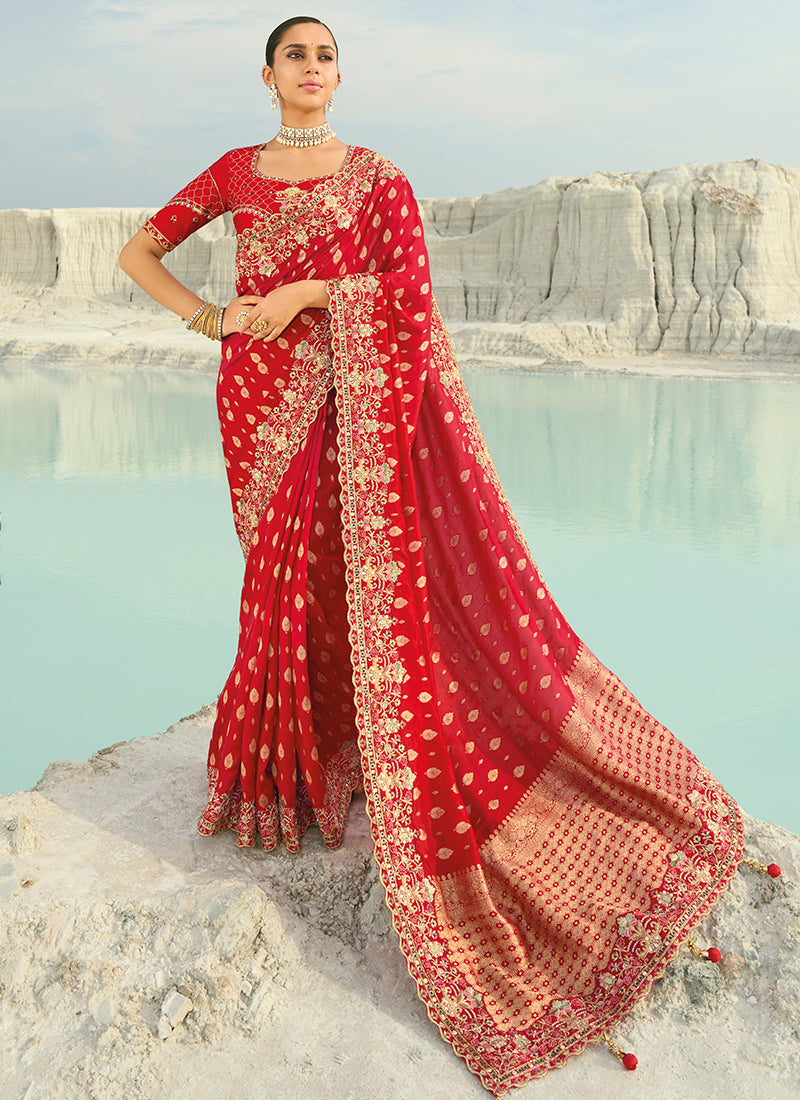 Dola Viscose Red Wedding Wear Heavy Work Wedding Saree 386457