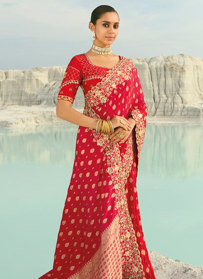 Dola Viscose Red Wedding Wear Heavy Work Wedding Saree 386457