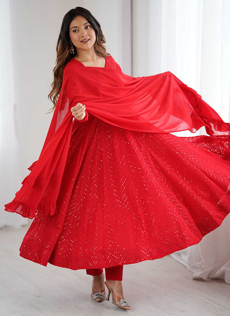 Red Faux Georgette Sequin Work Casual Wear Readymade Anarkali Suit SW412998