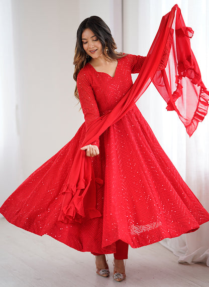 Red Faux Georgette Sequin Work Casual Wear Readymade Anarkali Suit SW412998