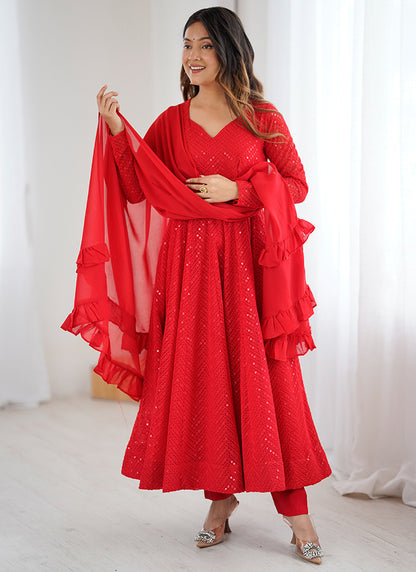 Red Faux Georgette Sequin Work Casual Wear Readymade Anarkali Suit SW412998