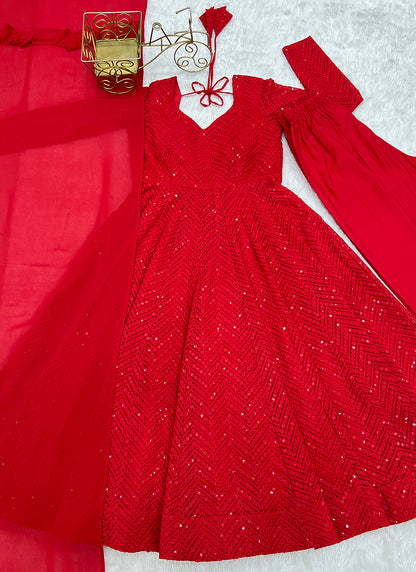 Red Faux Georgette Sequin Work Casual Wear Readymade Anarkali Suit SW412998