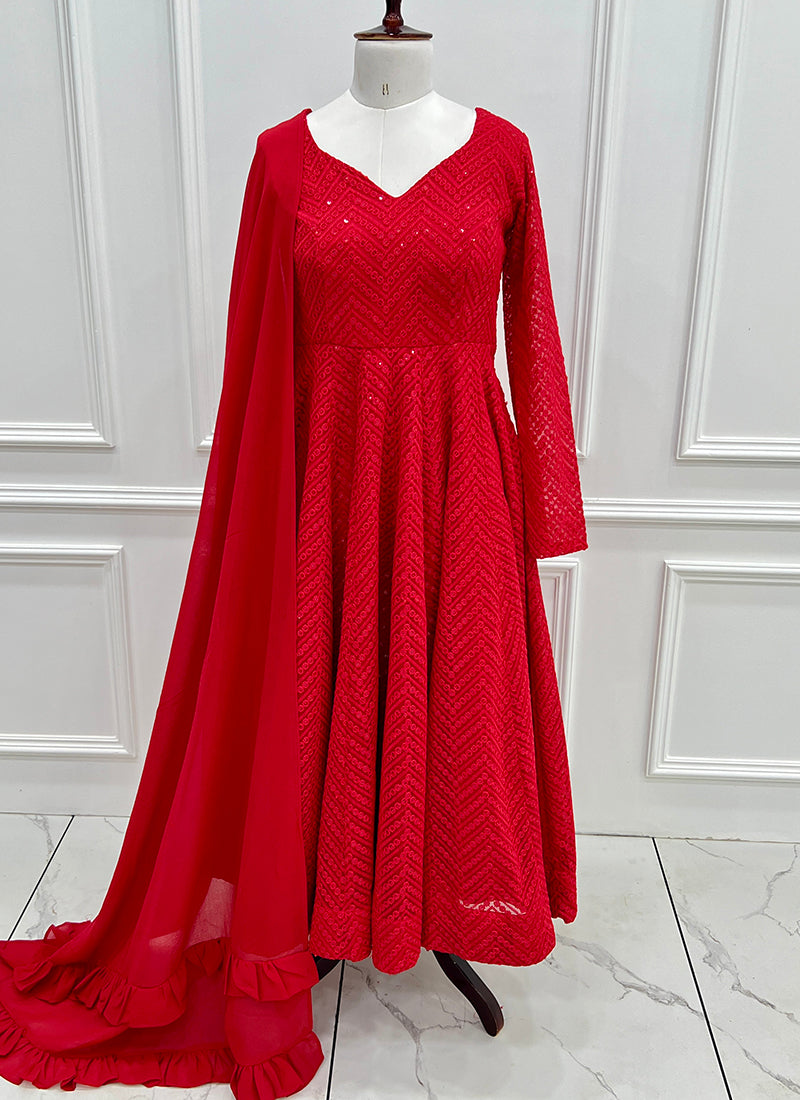 Red Faux Georgette Sequin Work Casual Wear Readymade Anarkali Suit SW412998