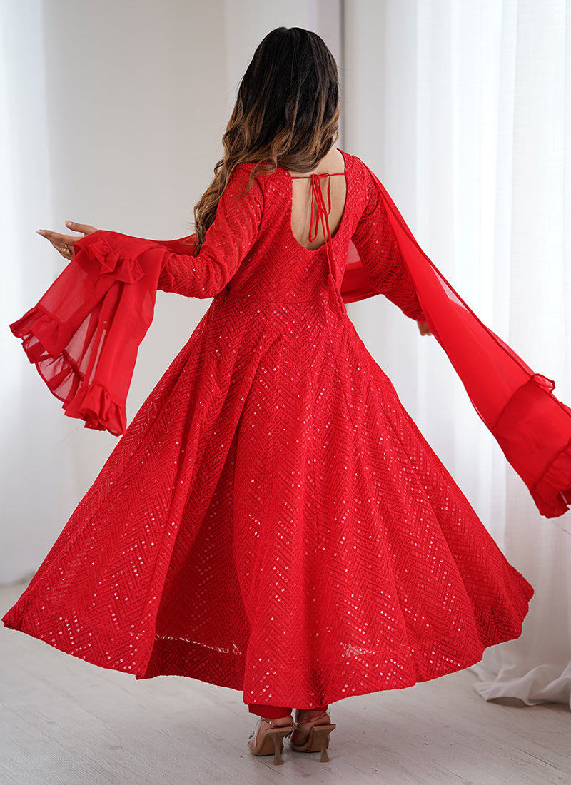 Red Faux Georgette Sequin Work Casual Wear Readymade Anarkali Suit SW412998