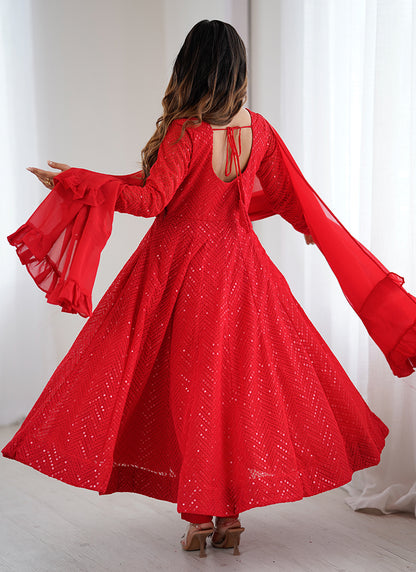 Red Faux Georgette Sequin Work Casual Wear Readymade Anarkali Suit SW412998