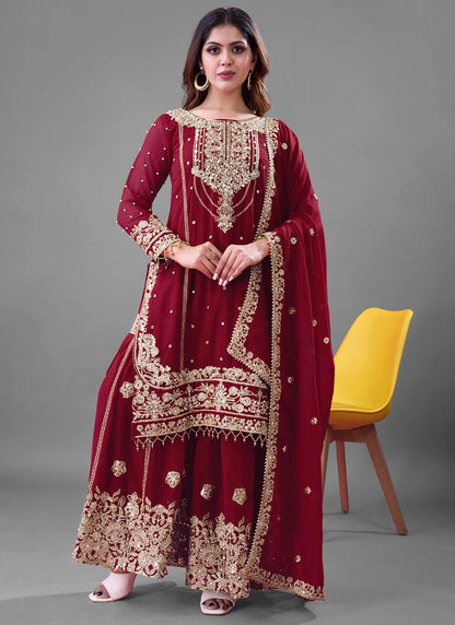 Faux Georgette Red Festival Wear Embroidery Work Readymade Sharara Suit 384995