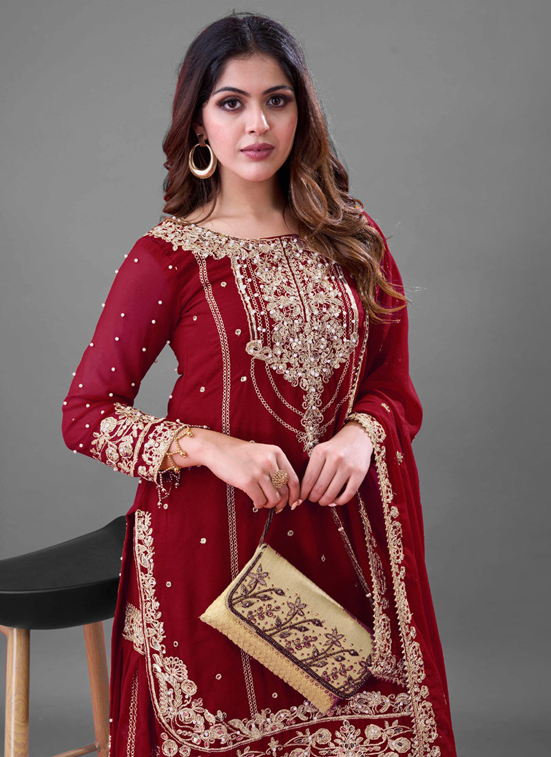 Faux Georgette Red Festival Wear Embroidery Work Readymade Sharara Suit 384995