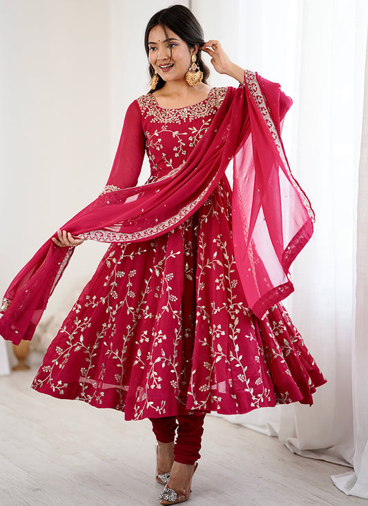 Faux Georgette Red Festival Wear Zari Work Readymade Salwar Suit 383150