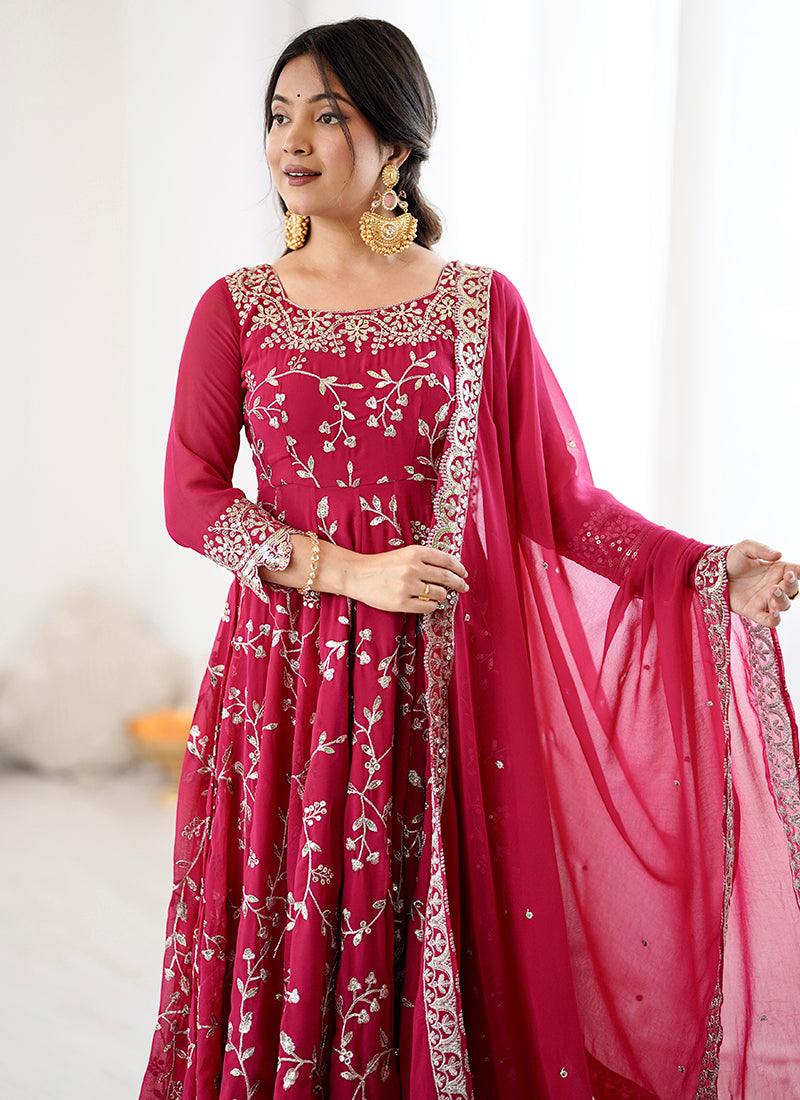 Faux Georgette Red Festival Wear Zari Work Readymade Salwar Suit 383150