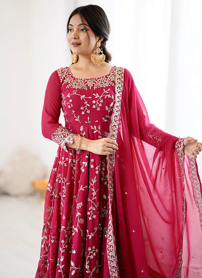 Faux Georgette Red Festival Wear Zari Work Readymade Salwar Suit 383150