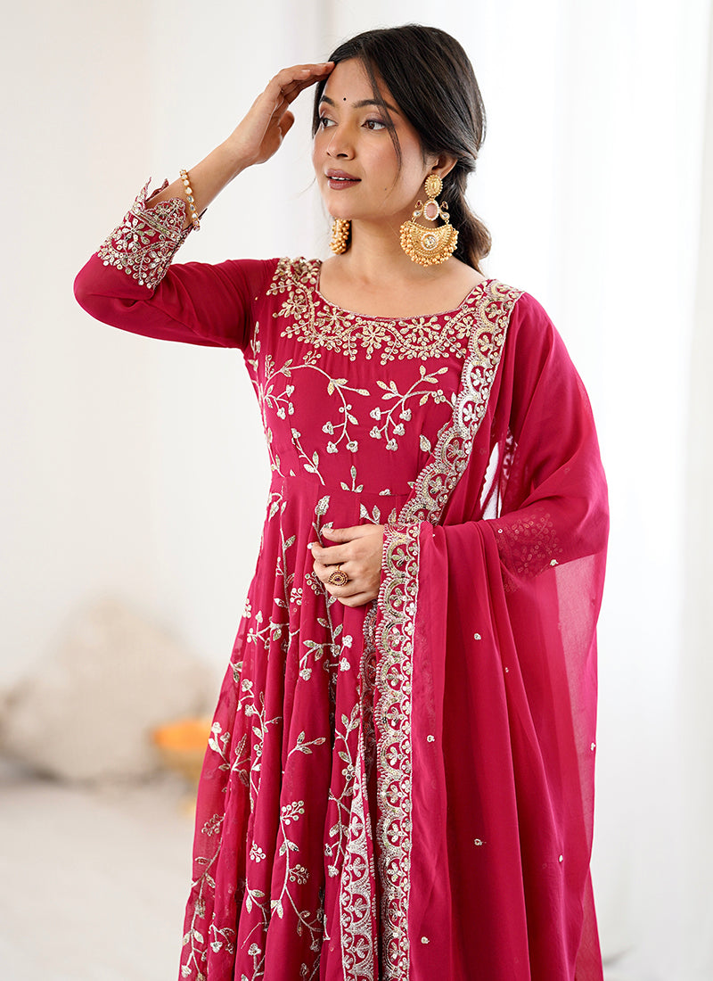 Faux Georgette Red Festival Wear Zari Work Readymade Salwar Suit 383150