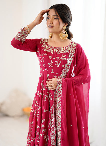 Faux Georgette Red Festival Wear Zari Work Readymade Salwar Suit 383150