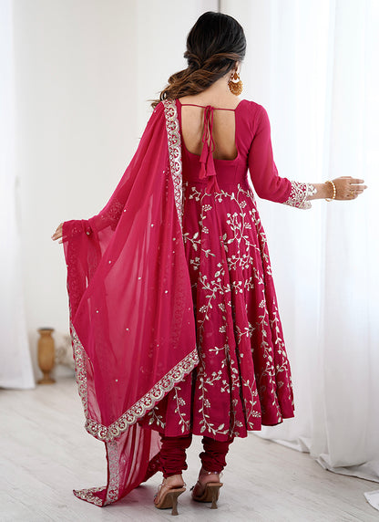 Faux Georgette Red Festival Wear Zari Work Readymade Salwar Suit 383150