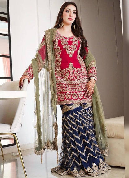 Faux Georgette Red Party Wear Embroidery Work Readymade Sharara Suit 386068