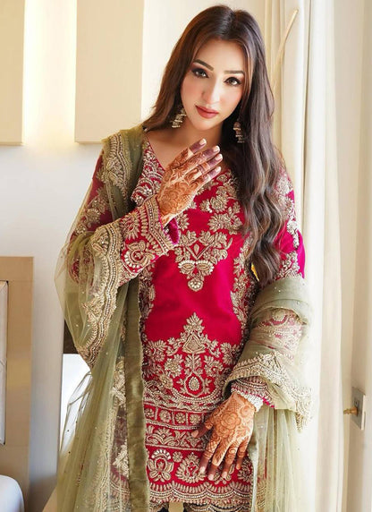Faux Georgette Red Party Wear Embroidery Work Readymade Sharara Suit 386068