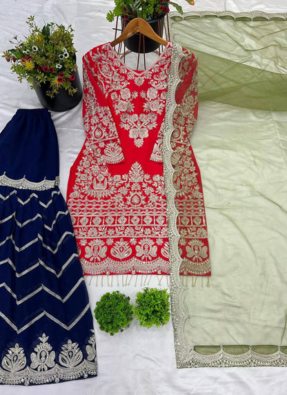 Faux Georgette Red Party Wear Embroidery Work Readymade Sharara Suit 386068